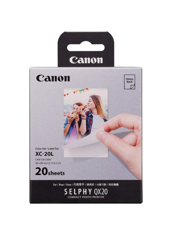 كانون طابعة الصور المدمجة Selphy Qx20، مجموعة ملصقات حبر ملون Xc 20L، مقاس 54 × 85 مم، 20 ورقة لاصقة - Image 1