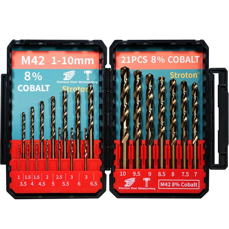STROTON Metric M42 8% Cobalt Drill Bits Set for Stainless Steel and Hardened Steel (1-10mm (21PCS) M42) - Image 1