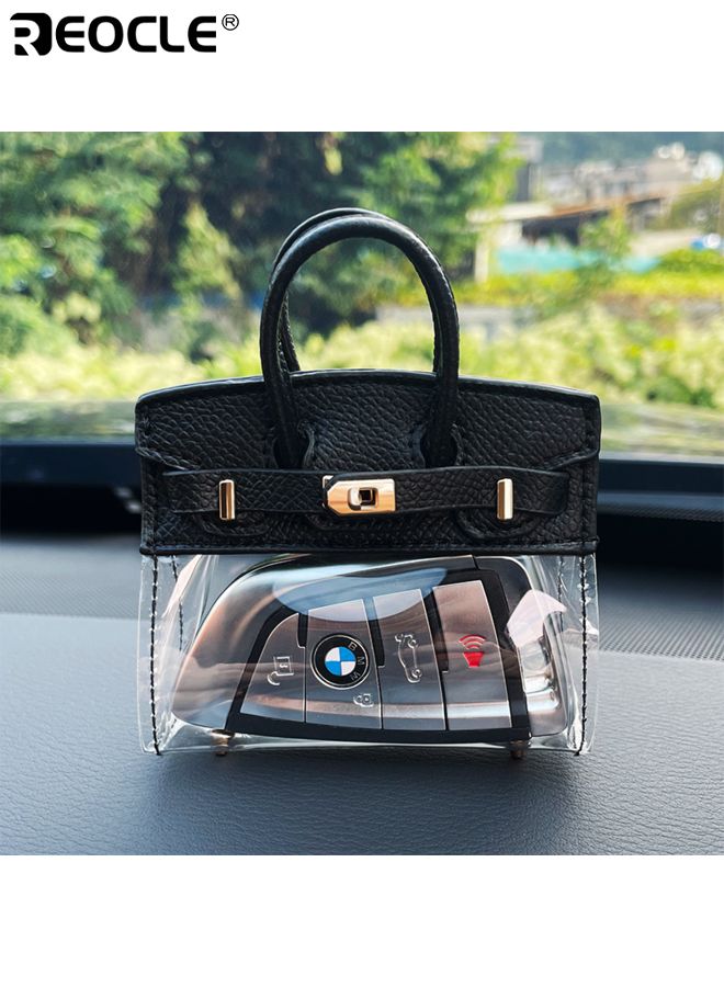 REOCLE Mini Creative Handbag for Car Keys Transparent Car Key Tote with Key Chains Waterproof Keychain Bag Portable Mini Leather Purse Small Car Key Wallet with Handle for Women and Girls - Image 2