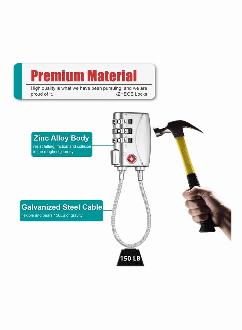 Luggage Padlocks TSA Approved, SYOSI Customs Lock, Mini Luggage Padlock, Flexible Cable Travel Locks, Coded Suitcase Lock, Small Gym Locker Padlock with 3 Digit Combination (Silver, 2 Pack) - Image 4