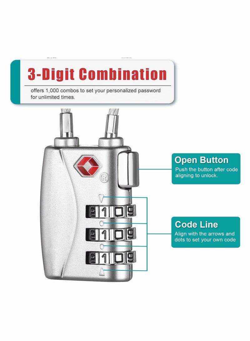 Luggage Padlocks TSA Approved, SYOSI Customs Lock, Mini Luggage Padlock, Flexible Cable Travel Locks, Coded Suitcase Lock, Small Gym Locker Padlock with 3 Digit Combination (Silver, 2 Pack) - Image 3
