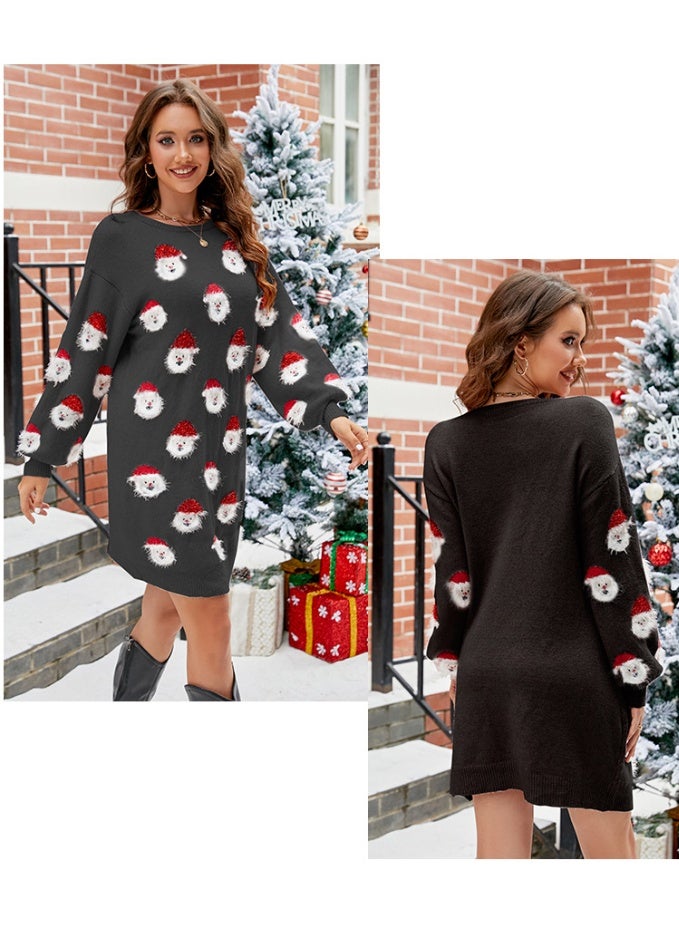 NIBEMINENT Winter Women's Christmas Knitted Dress Full Lantern Sleeve Casual Loose Sweater Dresses Santa Print Cute Soft Vestidos Xmas Look - Image 2