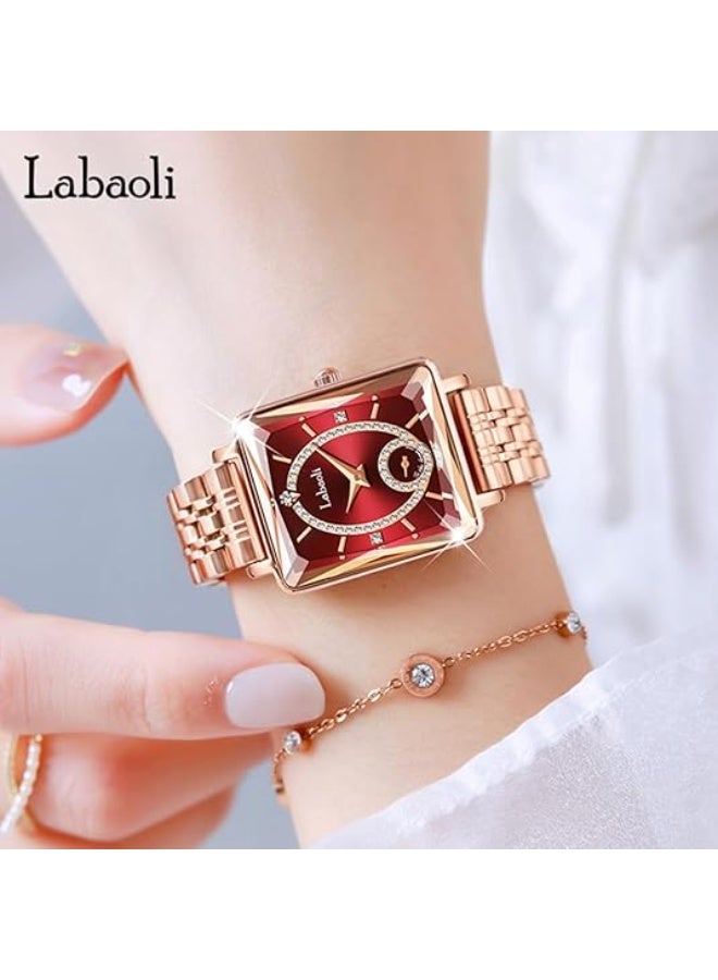 Labaoli Women's Square Analog Quartz Watch, Rhinestone-Encrusted Dial, Waterproof Stainless Steel Band Fashion Dress Wrist Watch for Ladies, 4 Colors Available - Image 2