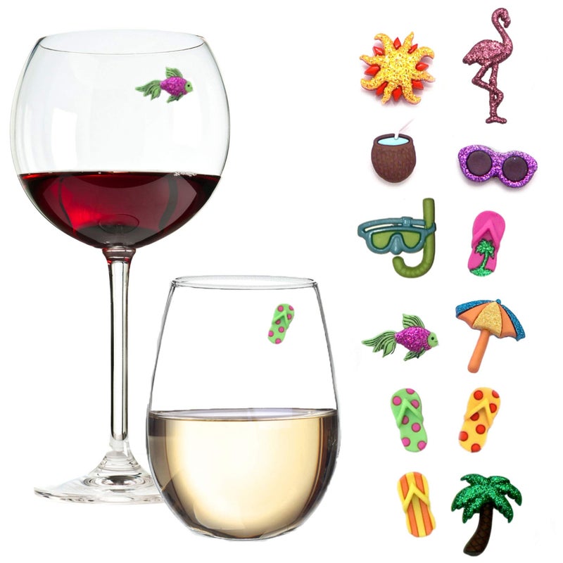 Simply Charmed Beach Magnetic Wine Glass Charms  Cocktail Markers for Making Your Drink Unique  Set of 12 Summer Glass Identifiers with Magnets