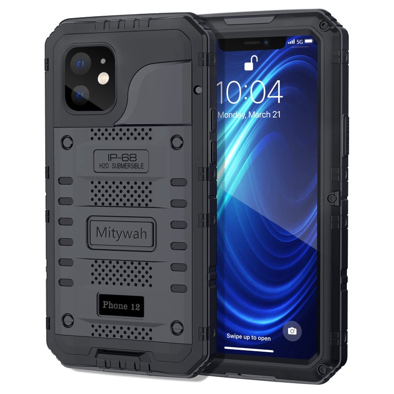 Mitywah Waterproof Case for iPhone 12, Heavy Duty Shockproof Case with Built-in Screen Protector, Full Body Underwater Protective Metal Case 6.1 inch, Black - Image 1