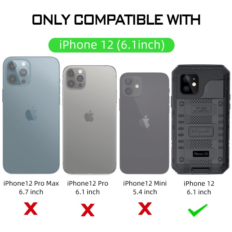 Mitywah Waterproof Case for iPhone 12, Heavy Duty Shockproof Case with Built-in Screen Protector, Full Body Underwater Protective Metal Case 6.1 inch, Black - Image 3