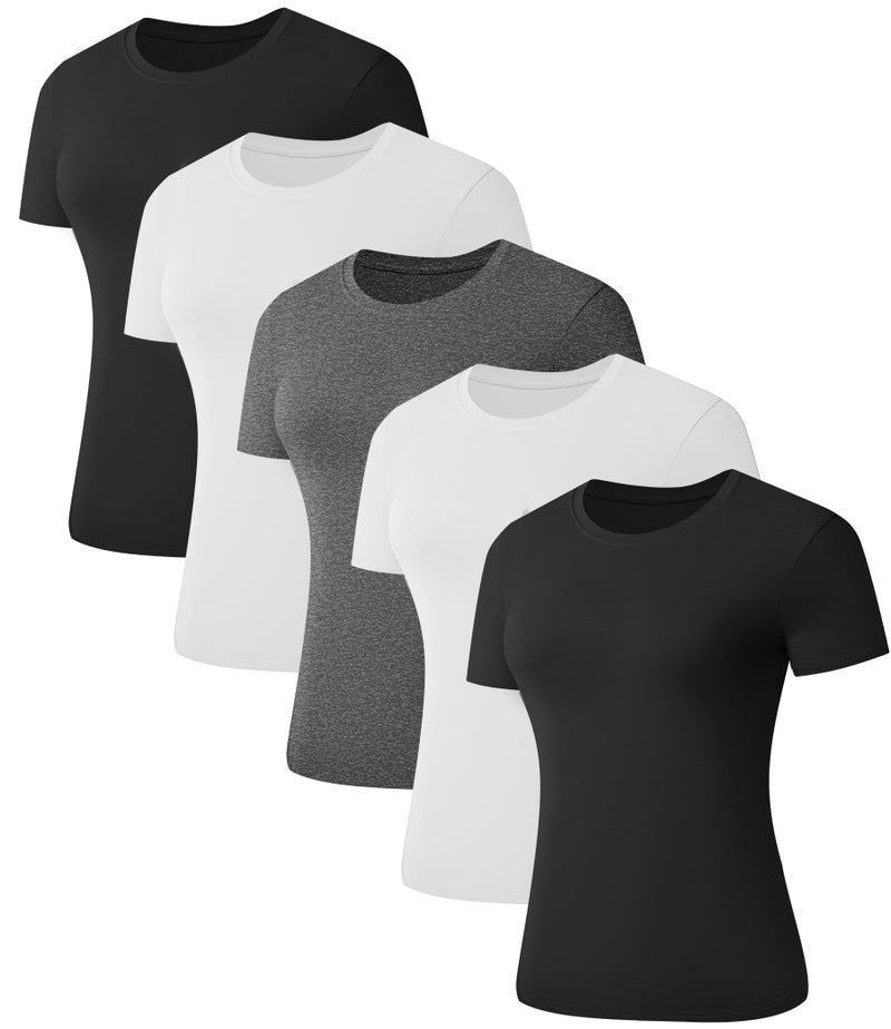 Kinglaman 5 Pack Women's Short Sleeve Basic T Shirts Tees, Slim Fit Crew Neck Tshirt Summer Tops for Casual Workout Trendy 2 Black 2 White 1 Heather Grey X-Small - Image 1