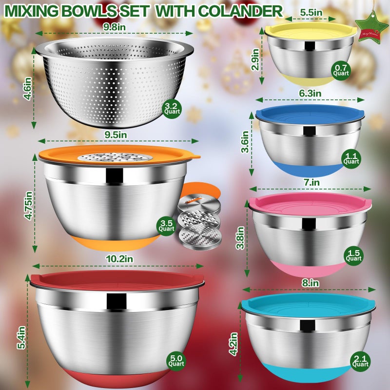 Dutzun Mixing Bowls With Lids Set - 16Pcs Stainless Steel Mixing Bowl Set With Colander  3 Grater Attachments  Non-Slip Bottom  Metal Nesting Bowls With Strainer For Mixing & Serving - Multicolor - Image 2