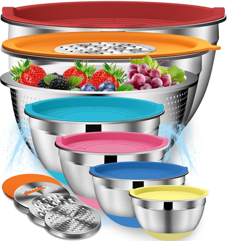 Dutzun Mixing Bowls With Lids Set - 16Pcs Stainless Steel Mixing Bowl Set With Colander  3 Grater Attachments  Non-Slip Bottom  Metal Nesting Bowls With Strainer For Mixing & Serving - Multicolor - Image 1