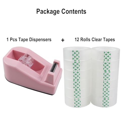 Aacehlh Desktop Tape Dispenser,1 Pack Pink Tape Dispensers with 12Rolls Transparent Tape, for Packaging in Office,Restaurant, Flower Shop,Cake Shop (Pink) - Image 2