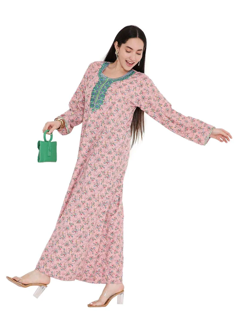 HANA & SARA ELEGANT FARASHA WITH UNIQUE THREAD EMBROIDERY AND STYLISH PRINTED MODEST ARABIC KAFTAN JALABIYA DRESS