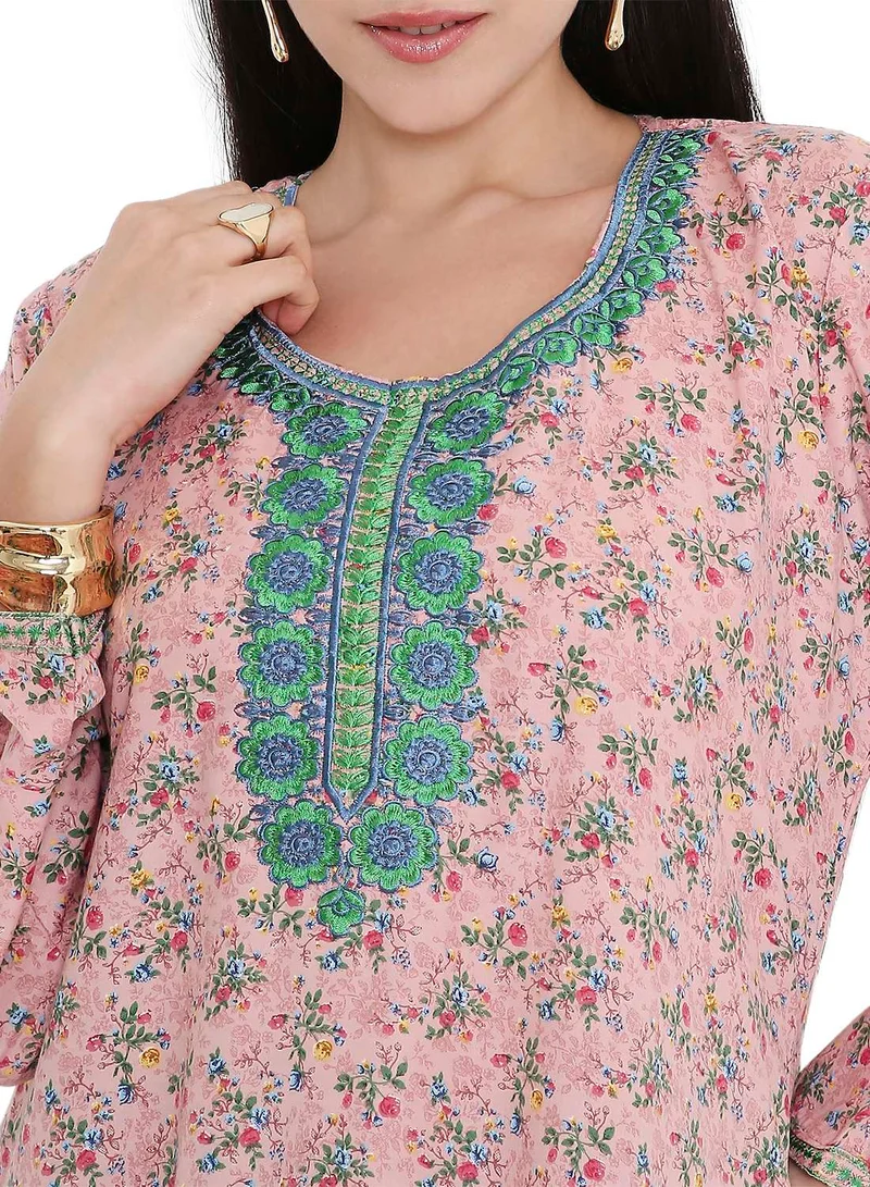 HANA & SARA ELEGANT FARASHA WITH UNIQUE THREAD EMBROIDERY AND STYLISH PRINTED MODEST ARABIC KAFTAN JALABIYA DRESS