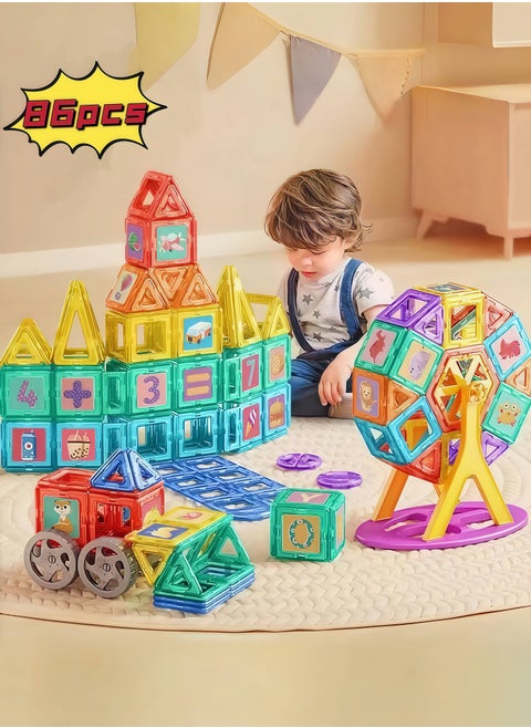 86 magnetic building bricks, a set of vibrant 3D building blocks that encourage creative construction, promote educational brain development, stimulate imagination, and are suitable as educational toys for children aged 3 and above
