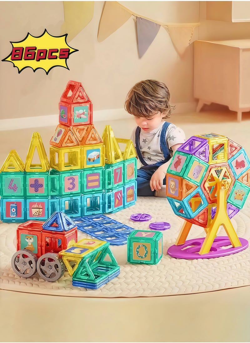 Wisalia 86 magnetic building bricks, a set of vibrant 3D building blocks that encourage creative construction, promote educational brain development, stimulate imagination, and are suitable as educational toys for children aged 3 and above  - Image 1