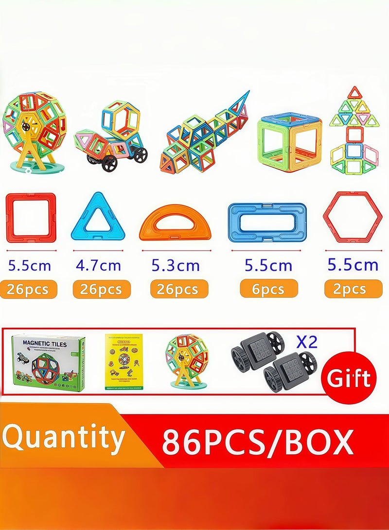 Wisalia 86-Piece Magnetic Tiles STEM Toys, Building Toys & Stacking Blocks for Kids Ages 3+, Educational Construction Set with Strong Magnets for Creative Learning - Image 2