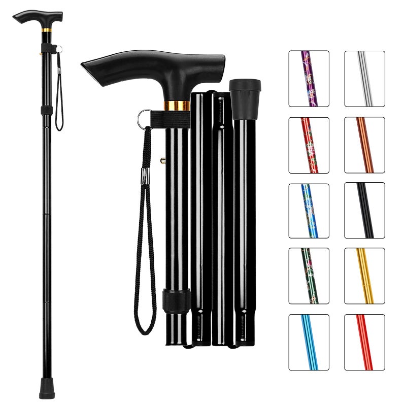 MFE Folding Cane, Portable 5-Level Adjustable Height Walking Stick with Foldable Design, Wrist Strap, and T Handle for Men and Women, Black - Image 1