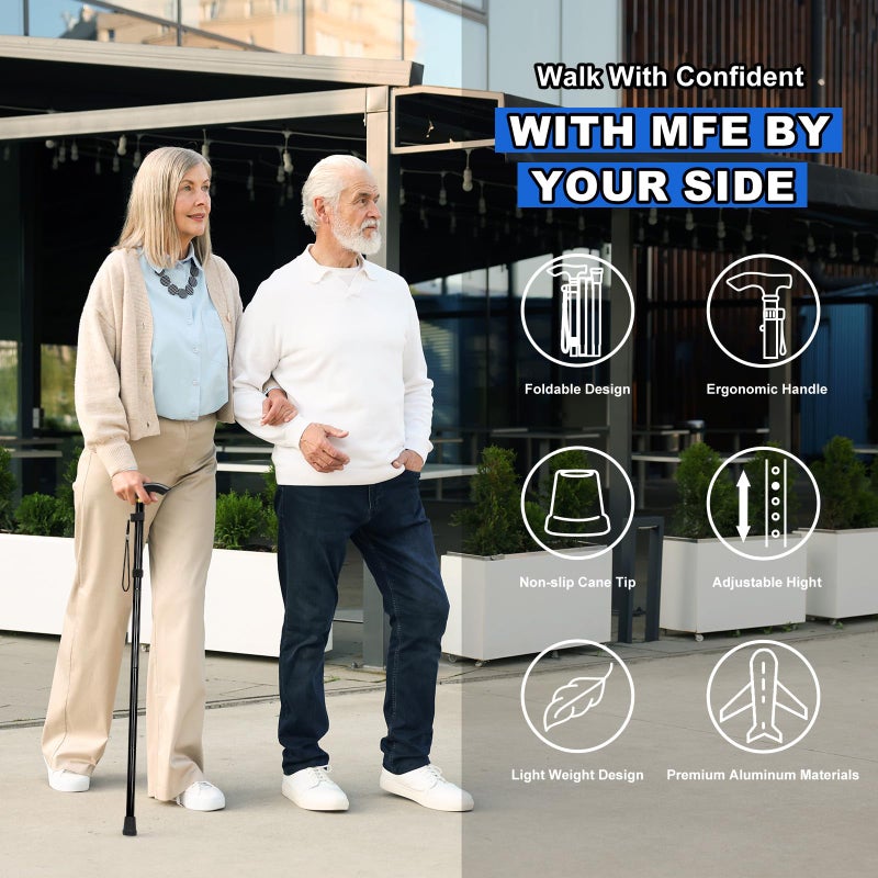 MFE Folding Cane, Portable 5-Level Adjustable Height Walking Stick with Foldable Design, Wrist Strap, and T Handle for Men and Women, Black - Image 2