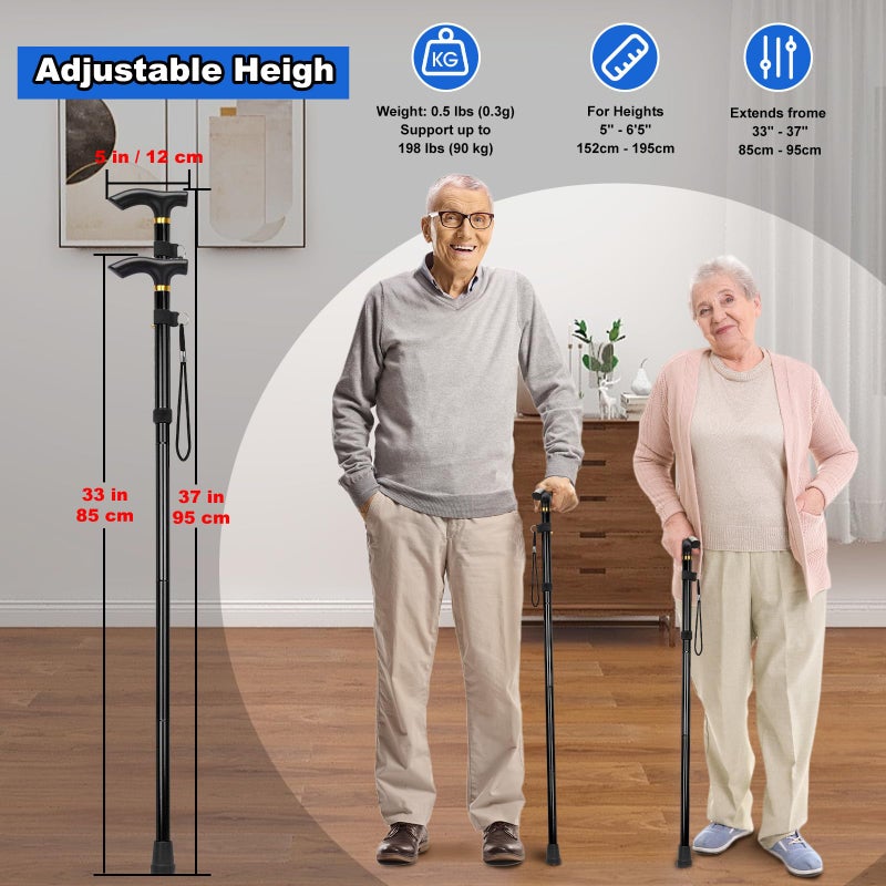 MFE Folding Cane, Portable 5-Level Adjustable Height Walking Stick with Foldable Design, Wrist Strap, and T Handle for Men and Women, Black - Image 3