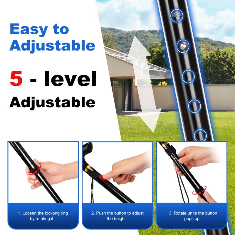 MFE Folding Cane, Portable 5-Level Adjustable Height Walking Stick with Foldable Design, Wrist Strap, and T Handle for Men and Women, Black - Image 5