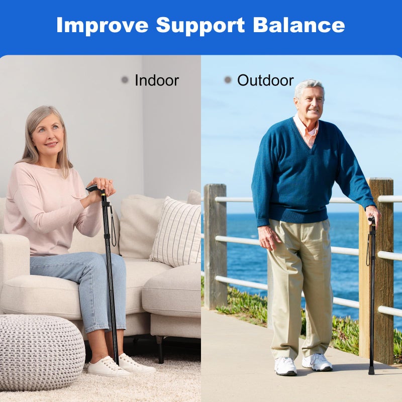 MFE Folding Cane, Portable 5-Level Adjustable Height Walking Stick with Foldable Design, Wrist Strap, and T Handle for Men and Women, Black - Image 4