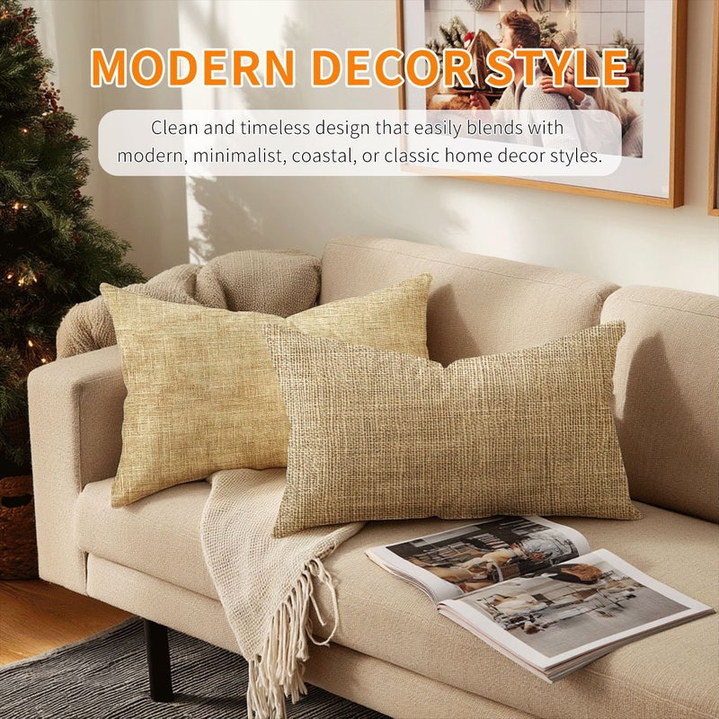 Set Of 2 Natural Throw Pillows 12x20 Inches Beige Brown Textured Rustic Patio - Image 4