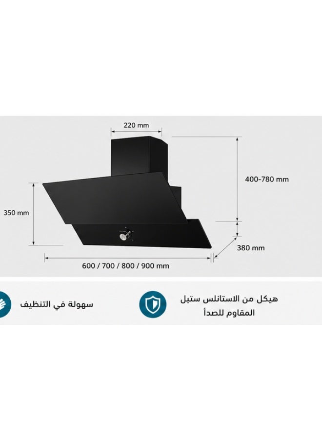 كومتيل كومتل شفاط مطبخ زجاج أسود 90 سم، تصميم عصري وشفط فعال للمطابخ الحديثة - Image 2