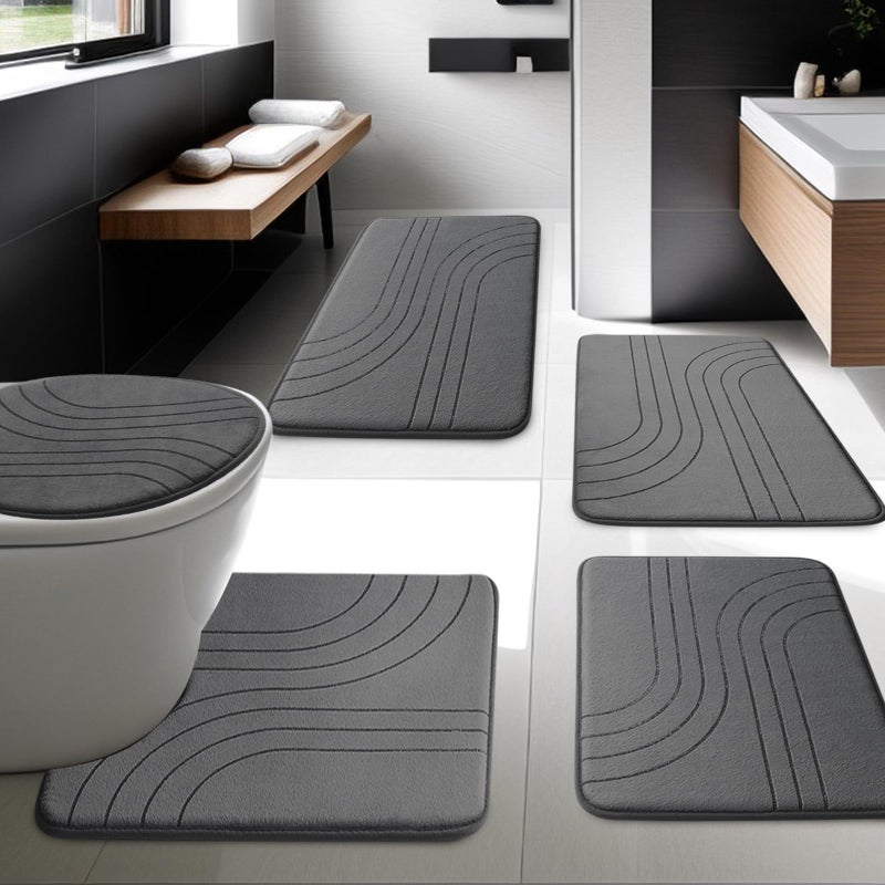 YIHOUSE Bathroom Rug Set 5 Pieces  Soft Non Slip Memory Foam Bath Mat Set  Extra Thick Bath Mats for Bathroom  Machine Washable Bath Rugs Set for Tub  Toilet and Floor (Dark Grey) - Image 3