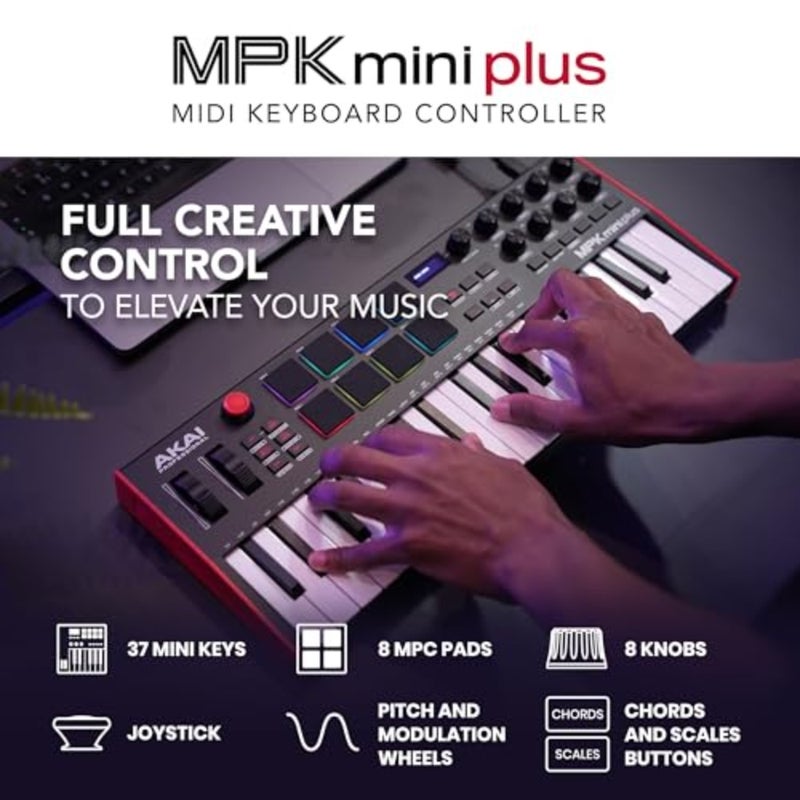 وحدة تحكم لوحة مفاتيح USB MIDI لإنتاج الموسيقى لأجهزة Mac/PC: 37 مفتاحًا من بلاستيك ABS الأسود مع 8 منصات RGB MPC ومقابض دوارة وبرامج مضمنة - Image 2