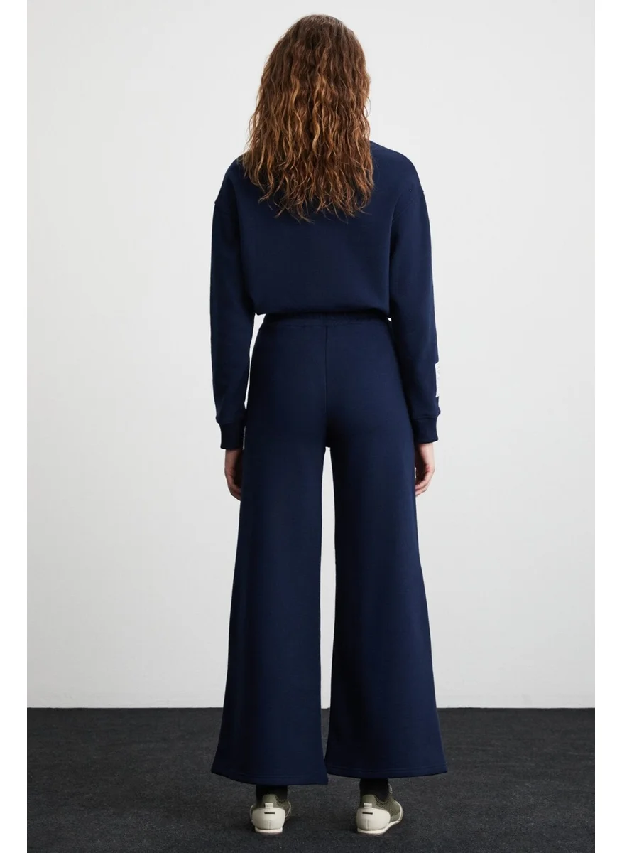 GRIMELANGE Laury Women's Organic Cotton Soft Wide Leg Regular Label Detailed Navy Blue Sweatpants