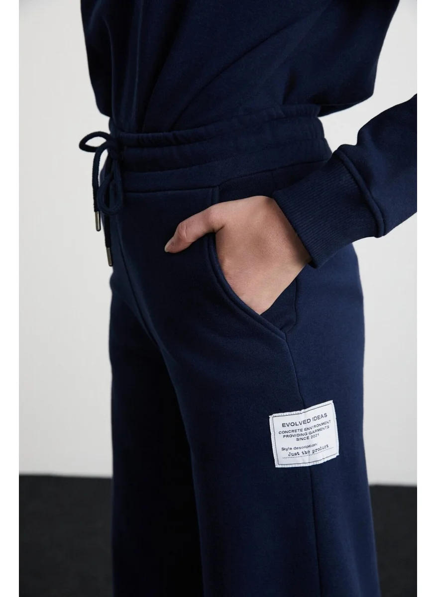 GRIMELANGE Laury Women's Organic Cotton Soft Wide Leg Regular Label Detailed Navy Blue Sweatpants