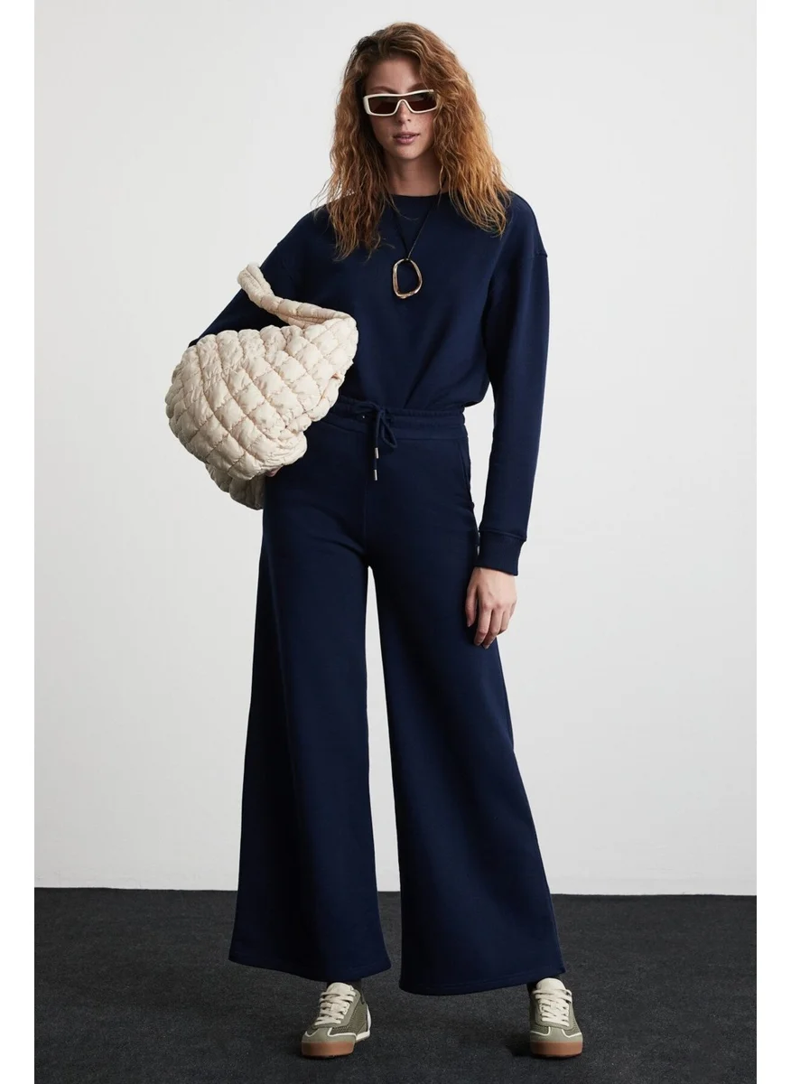 GRIMELANGE Laury Women's Organic Cotton Soft Wide Leg Regular Label Detailed Navy Blue Sweatpants