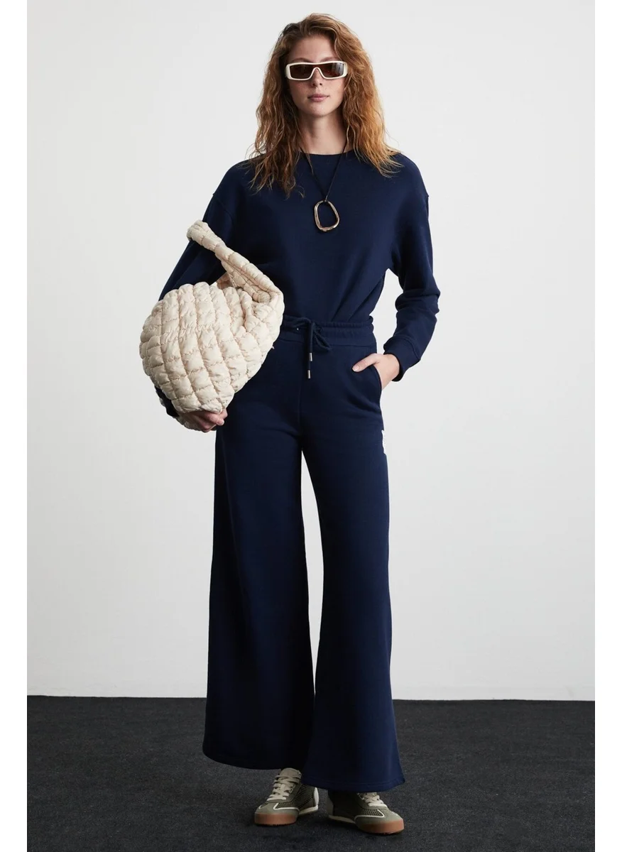 GRIMELANGE Laury Women's Organic Cotton Soft Wide Leg Regular Label Detailed Navy Blue Sweatpants