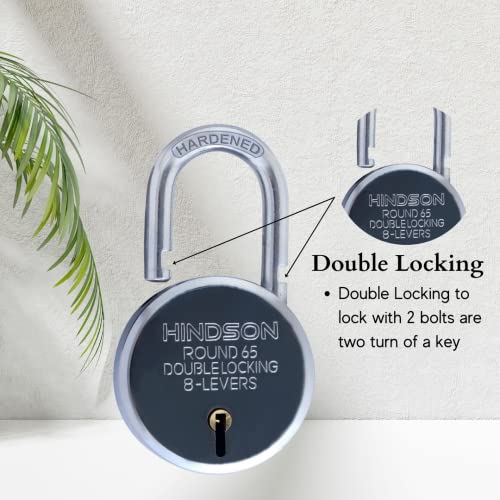 Hindson India Round 65mm Padlock – Heavy Duty Metal Body Lock with Double Locking Mechanism, 8 Steel Levers, 3 Silver Keys | Ideal for Door, Gate, Shutter | Pack of 2 - Image 3