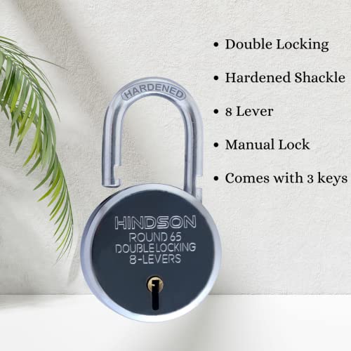 Hindson India Round 65mm Padlock – Heavy Duty Metal Body Lock with Double Locking Mechanism, 8 Steel Levers, 3 Silver Keys | Ideal for Door, Gate, Shutter | Pack of 2 - Image 2