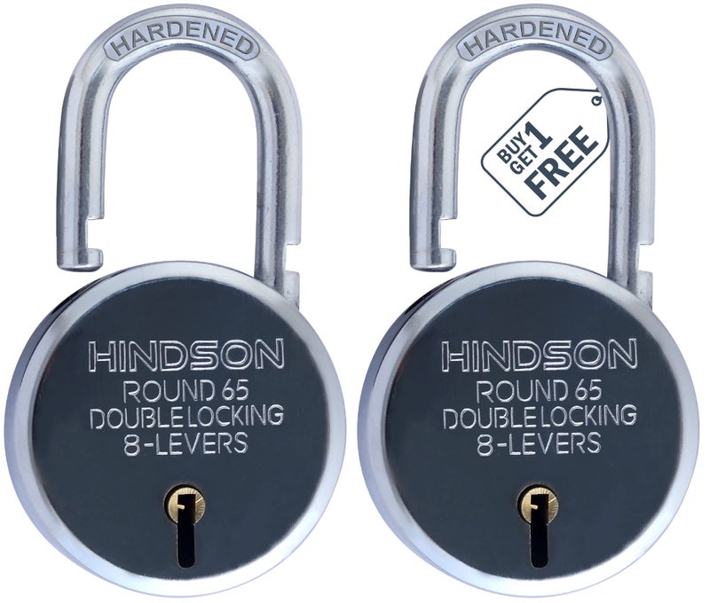 Hindson India Round 65mm Padlock – Heavy Duty Metal Body Lock with Double Locking Mechanism, 8 Steel Levers, 3 Silver Keys | Ideal for Door, Gate, Shutter | Pack of 2 - Image 1