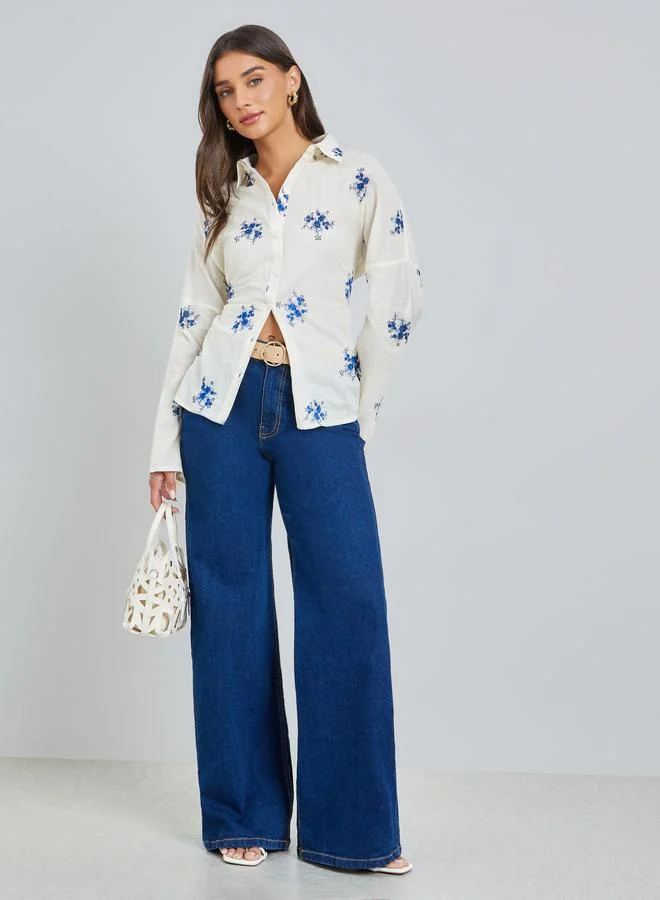 Styli Off-White Embroidered Long Sleeve Oversized Shirt