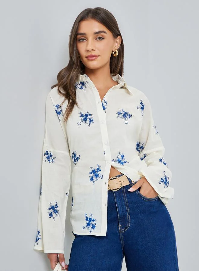 Styli Off-White Embroidered Long Sleeve Oversized Shirt
