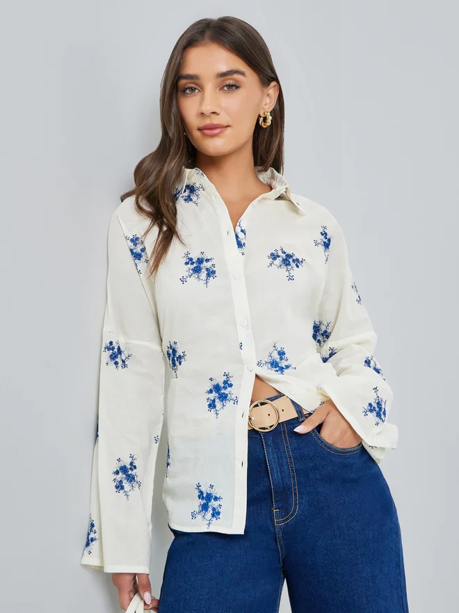 Styli Styli Off-White Embroidered Long Sleeve Oversized Shirt