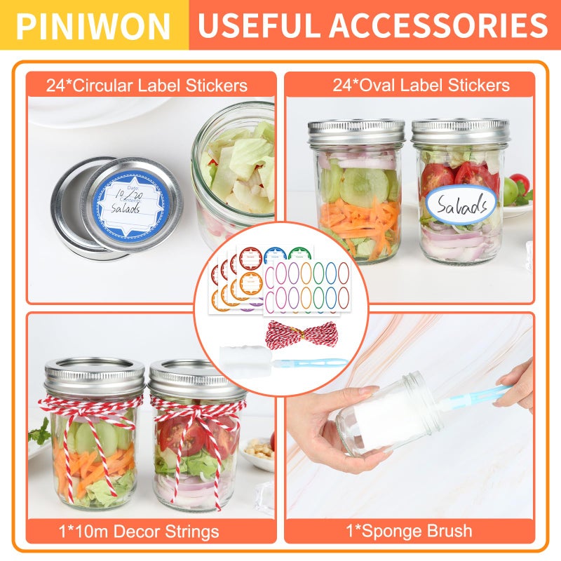 PINIWON Mason Jars 8 oz with Lids and Bands, 24 Pack Regular Mouth Half Pint Canning Jars, Small Mason Jars for Jam Jelly Honey DIY Projects, 48 Labels, Brush & String Included - Image 4