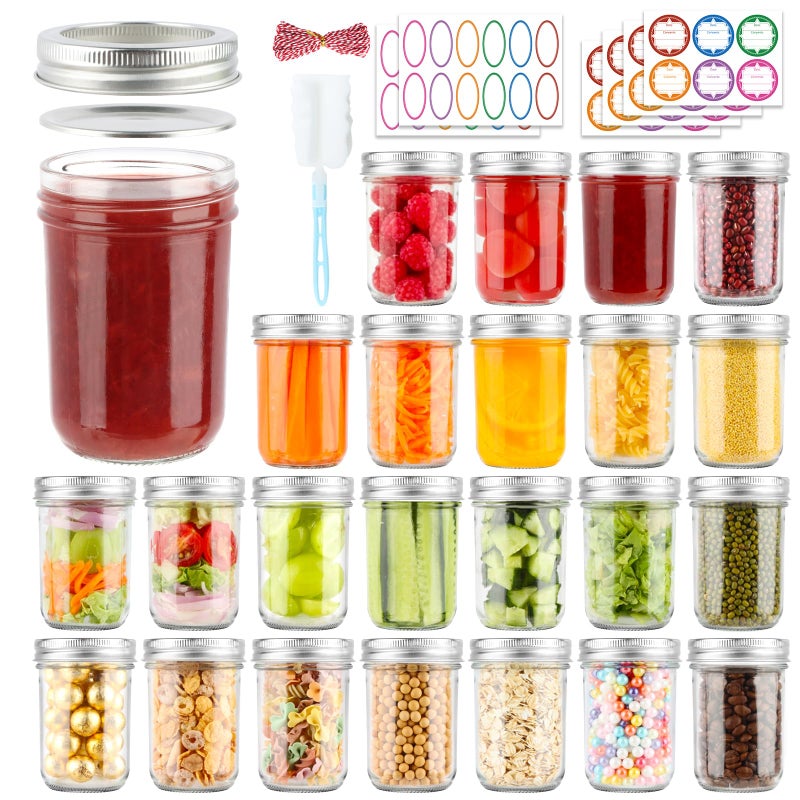 PINIWON Mason Jars 8 oz with Lids and Bands, 24 Pack Regular Mouth Half Pint Canning Jars, Small Mason Jars for Jam Jelly Honey DIY Projects, 48 Labels, Brush & String Included - Image 1