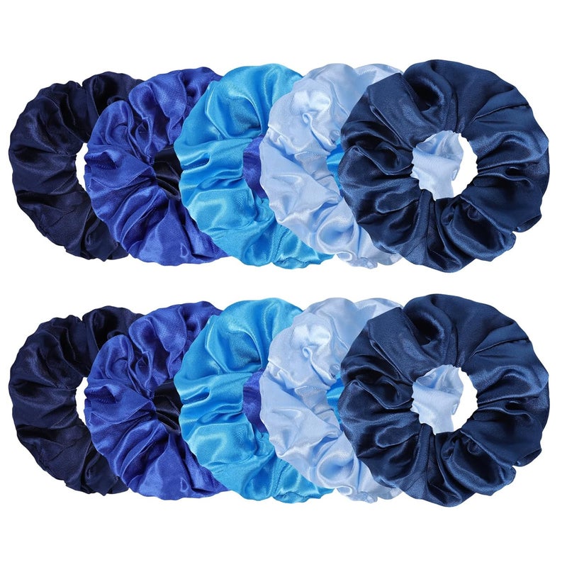 Whaline 10Pcs Blue Hair Ponytail Holders Bulk Hair Scrunchies Elastic Hair Bands Gradient Blue Satin Fabric Hair Ties for Women Girls Teens Hair Accessories Party Gift Favors