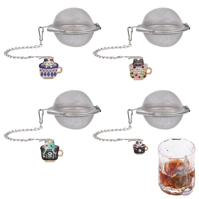 UNICRAFTALE 4 Sets 304 Stainless Steel Loose Leaf Tea Ball Mesh Tea Strainer with Alloy Enamel Pendants Round Tea Strainer Set with Cat Cup Pendant for Brew Tea, Spices & Seasoning - Image 1