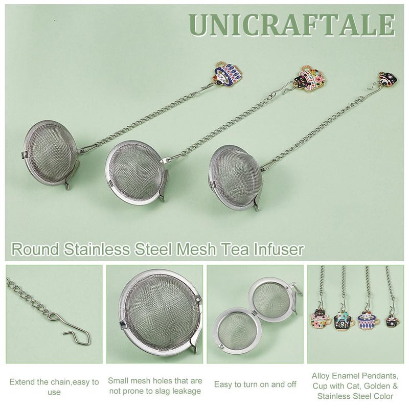 UNICRAFTALE 4 Sets 304 Stainless Steel Loose Leaf Tea Ball Mesh Tea Strainer with Alloy Enamel Pendants Round Tea Strainer Set with Cat Cup Pendant for Brew Tea, Spices & Seasoning - Image 4