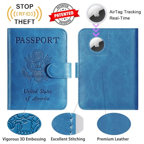 PASCACOO Airtag Passport Holder Cover Wallet RFID Blocking Leather Case Travel Essentials Luggage Accessories Travel Must Have(118#Blue) - Image 2