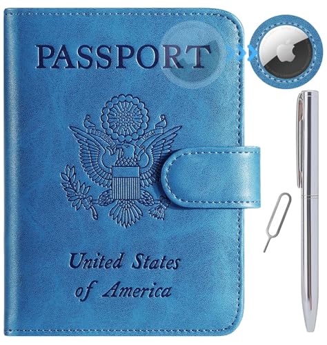 PASCACOO Airtag Passport Holder Cover Wallet RFID Blocking Leather Case Travel Essentials Luggage Accessories Travel Must Have(118#Blue) - Image 1