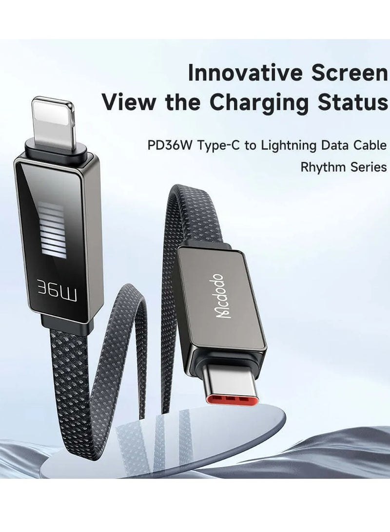 Mcdodo كابل USB-C إلى Lightning (1.2م) – شاشة عرض إيقاعية، شحن سريع 36 واط PD، متوافق مع أجهزة iPhone و iOS (أسود) - Image 2