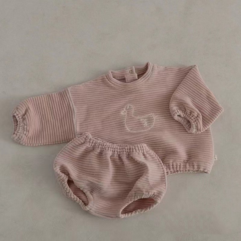 Korean Style Ins Thread Circle Plain Cartoon Duck Shorts Suit Boys And Girls Home Outing - Image 1