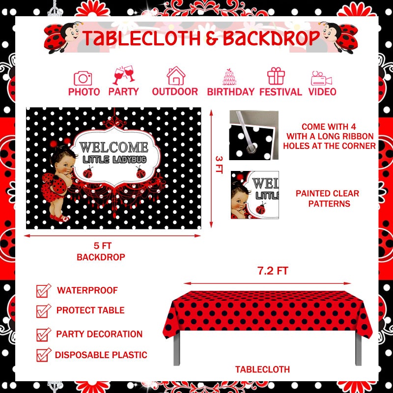 Fiesec 125 PCs Ladybug Baby Shower Decorations, Fiesec Ladybug Baby Shower Supplies Welcome Little Ladybug Backdrop Balloon Garland Banner Tablecloth Cake Topper Walking Balloon Polka Dots Heart Flower - Image 4