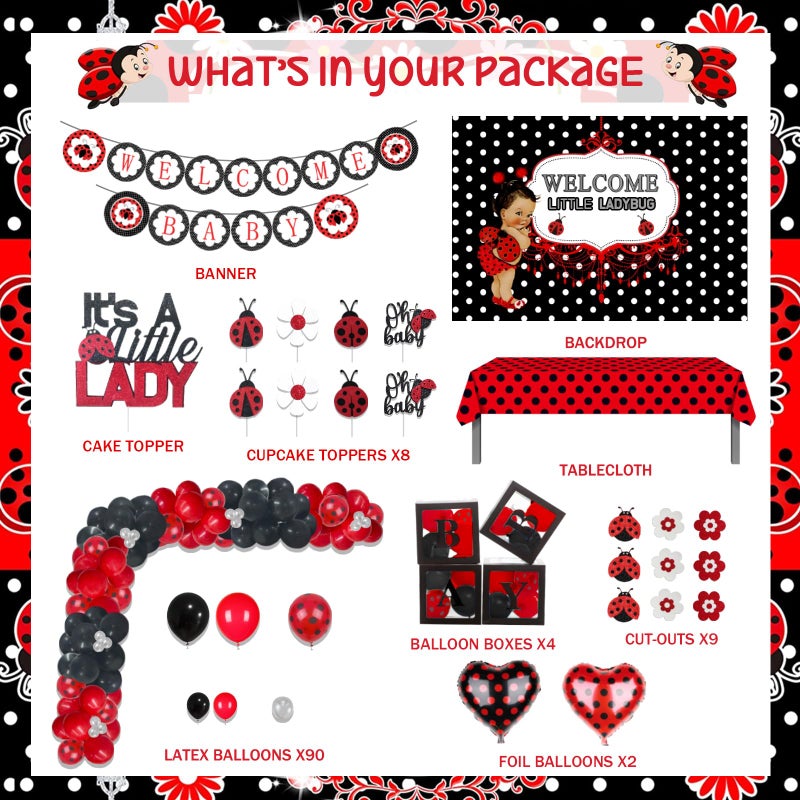 Fiesec 125 PCs Ladybug Baby Shower Decorations, Fiesec Ladybug Baby Shower Supplies Welcome Little Ladybug Backdrop Balloon Garland Banner Tablecloth Cake Topper Walking Balloon Polka Dots Heart Flower - Image 2