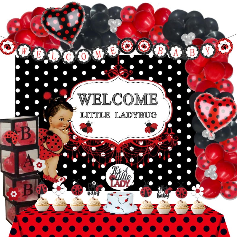 Fiesec 125 PCs Ladybug Baby Shower Decorations, Fiesec Ladybug Baby Shower Supplies Welcome Little Ladybug Backdrop Balloon Garland Banner Tablecloth Cake Topper Walking Balloon Polka Dots Heart Flower - Image 1